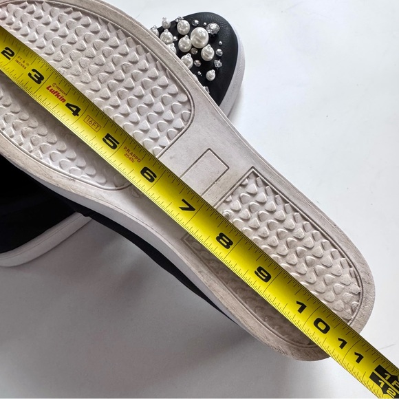 Black Faux Leather Slip On Loafers Embellished with Faux Pearls and Rhinestones - Picture 11 of 12